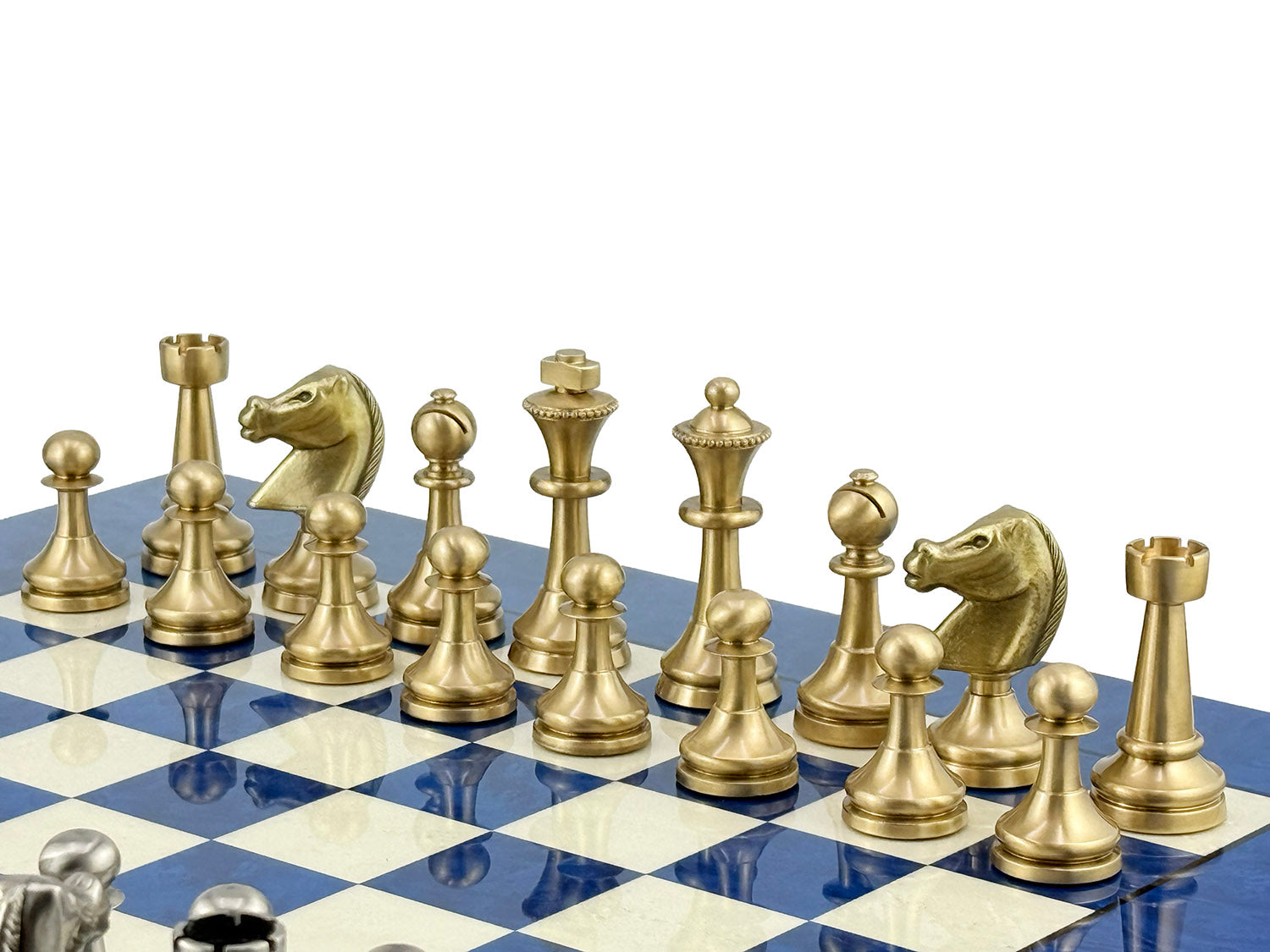 Staunton Solid Brass Chess Set 7.3cm + MADRONA Chessboard 42x42cm