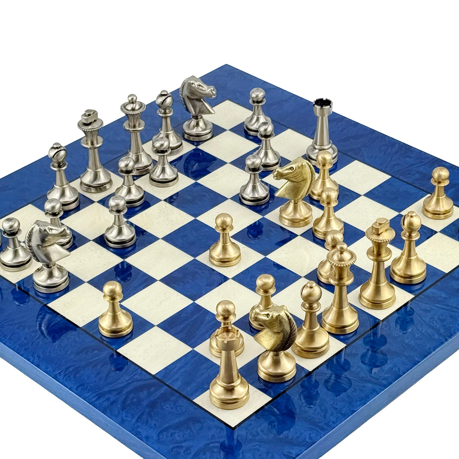 Staunton Solid Brass Chess Set 7.3cm + MADRONA Chessboard 42x42cm