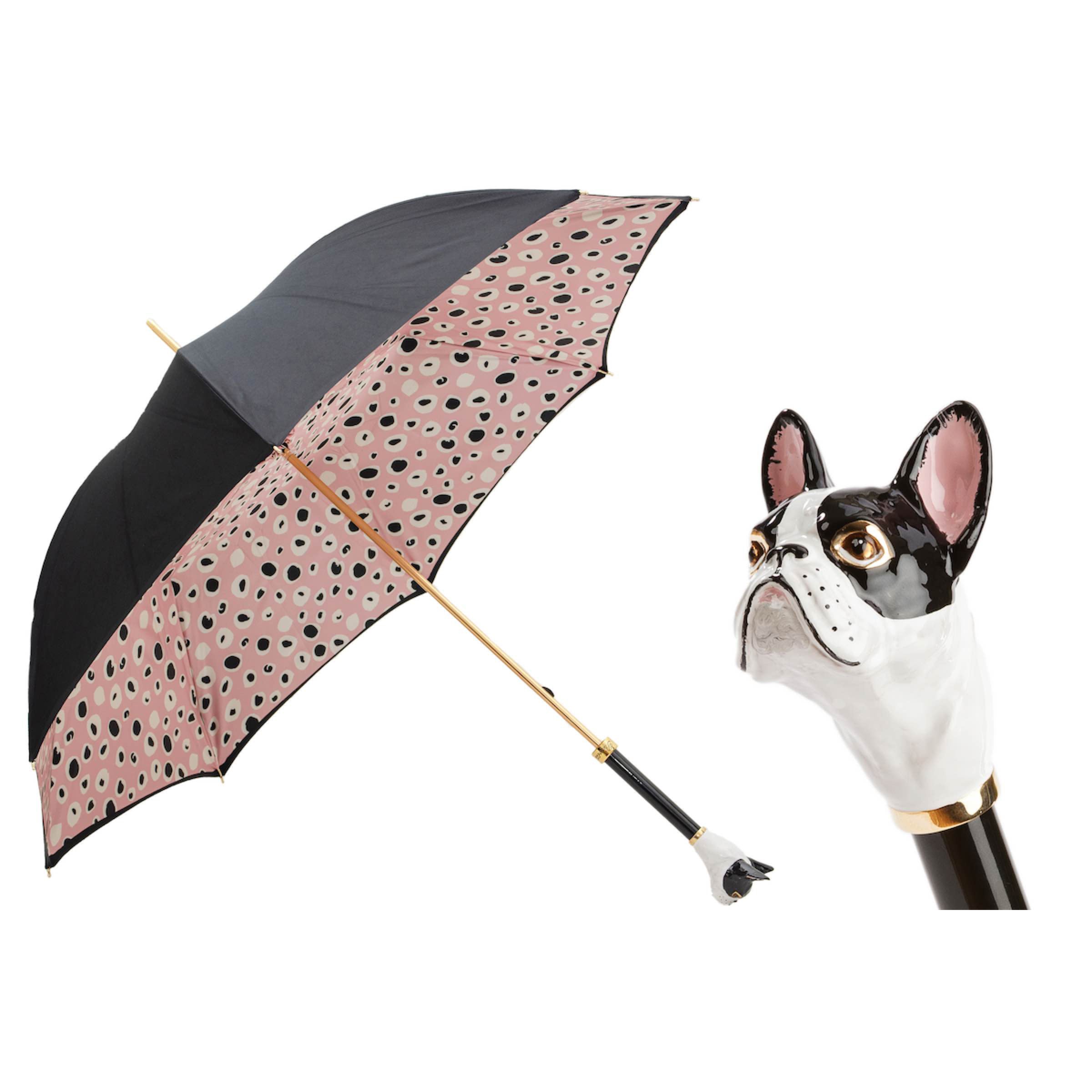 Parasol PASOTTI 93 cm, buldog francuski, emaliowany uchwyt, nadruk zwierzęcy, Włochy