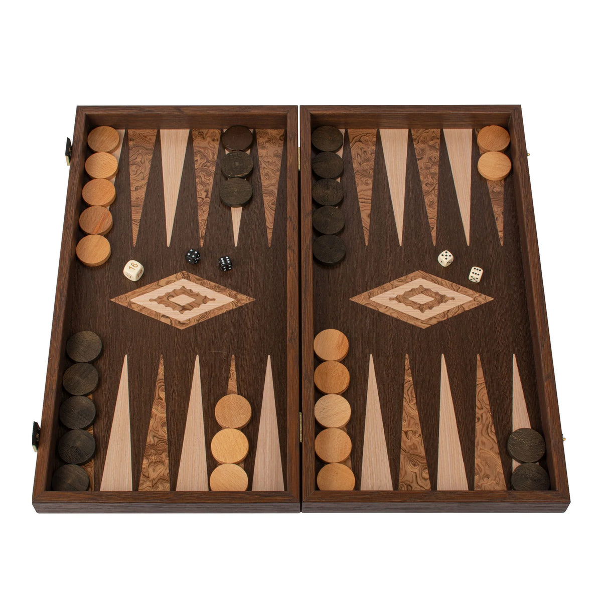 Compact Manopoulos Backgammon Set Wenge Walnut Burl Oak 30x17