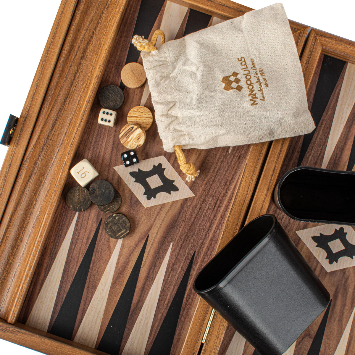Compact Manopoulos Backgammon Set Walnut Replica Side Racks 30x20