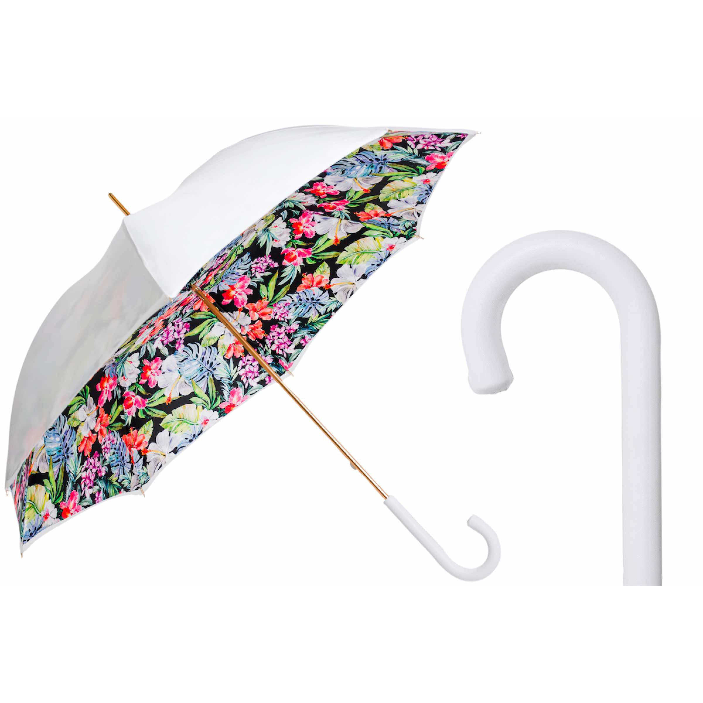 Parasol PASOTTI 93 cm, biały, z nadrukiem kwiatowym, skórzany, z rączką, ręczny, Włochy