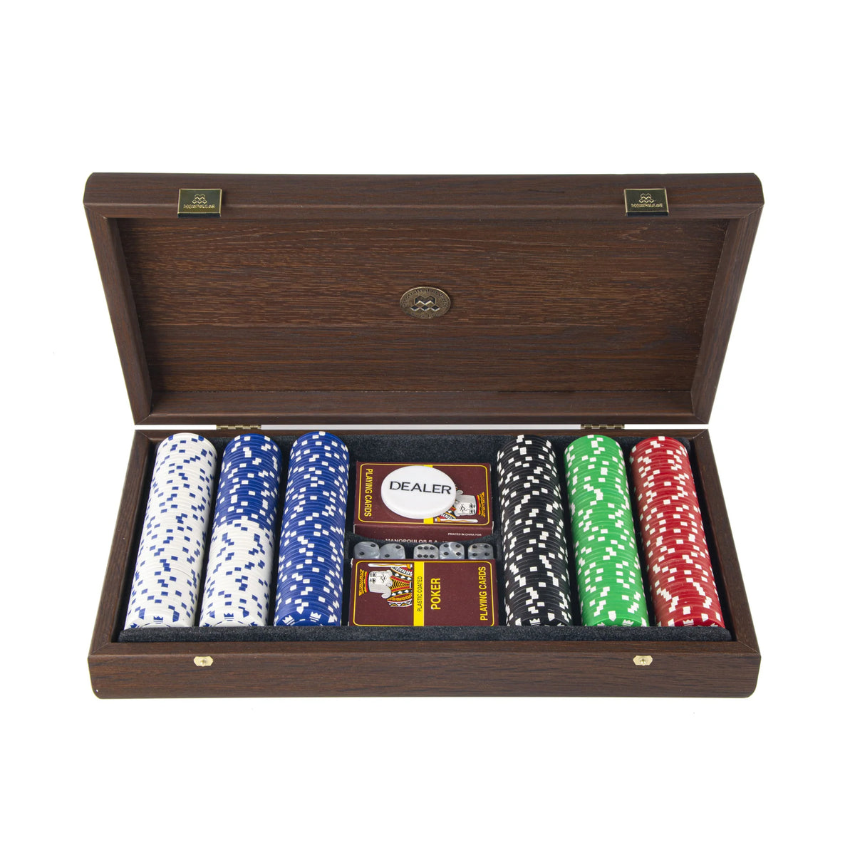 Luxury Manopoulos Poker Set 300 Chips Dark Walnut Case 39x22 cm