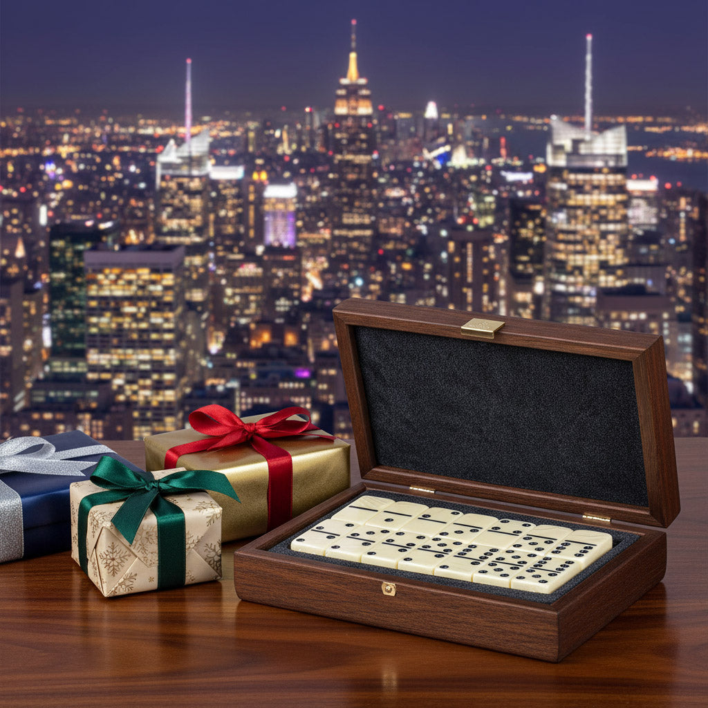 Luxury Manopoulos Domino Set Brown Crocodile Leather Wooden Case Gift