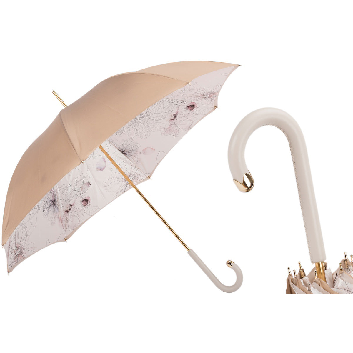 Parasol PASOTTI 93 cm, kość słoniowa, kwiaty, podwójny materiał, skórzana rączka, ręczny