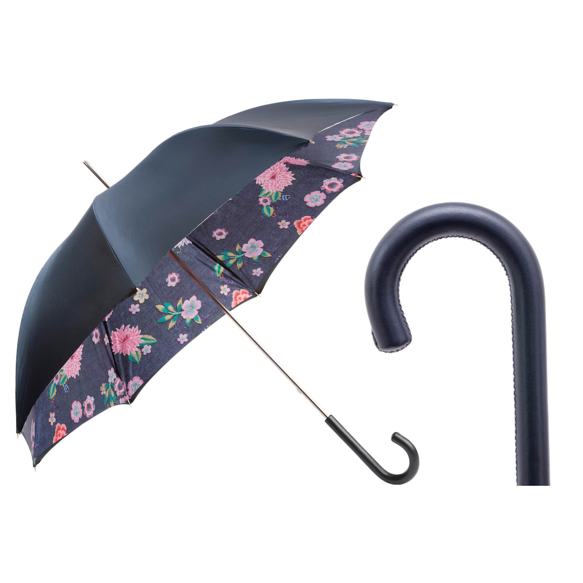 Parasol PASOTTI 93 cm, jeansy i kwiaty, skórzana rączka, Włochy