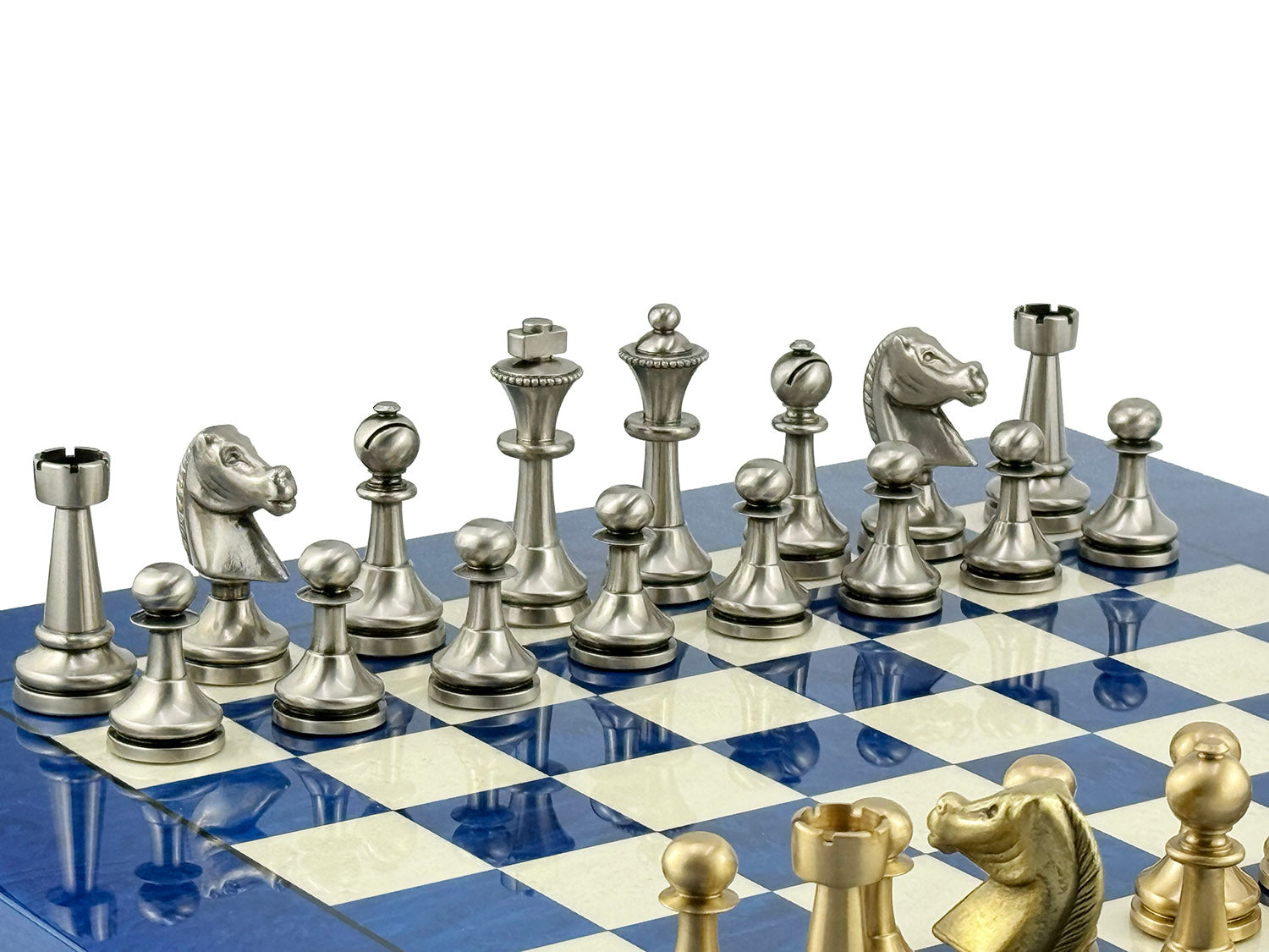 Staunton Solid Brass Chess Set 7.3cm + MADRONA Chessboard 42x42cm