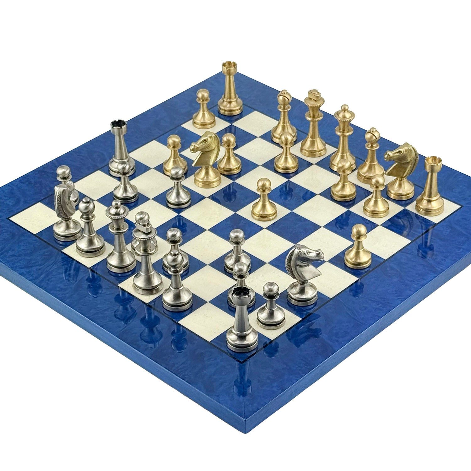 Staunton Solid Brass Chess Set 7.3cm + MADRONA Chessboard 42x42cm