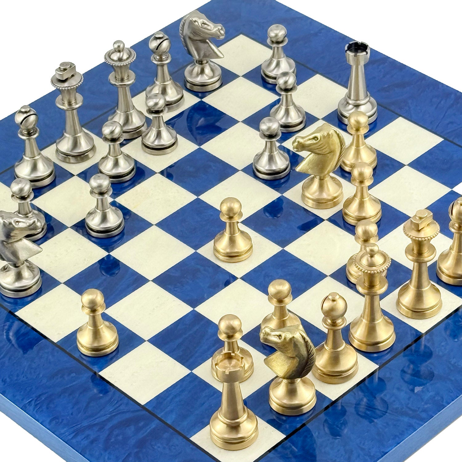Staunton Solid Brass Chess Set 7.3cm + MADRONA Chessboard 42x42cm