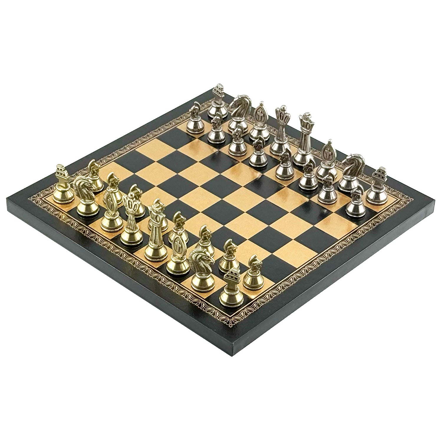 Ekskluzywne metalowe rzymskie figury szachowe z szachownicą z ekoskóry (26x26 cm)