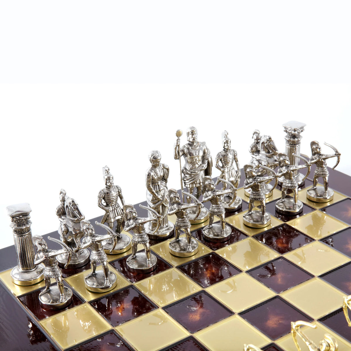 Luxury Manopoulos Archers Brass Chess Set Wooden Case 44x44 cm
