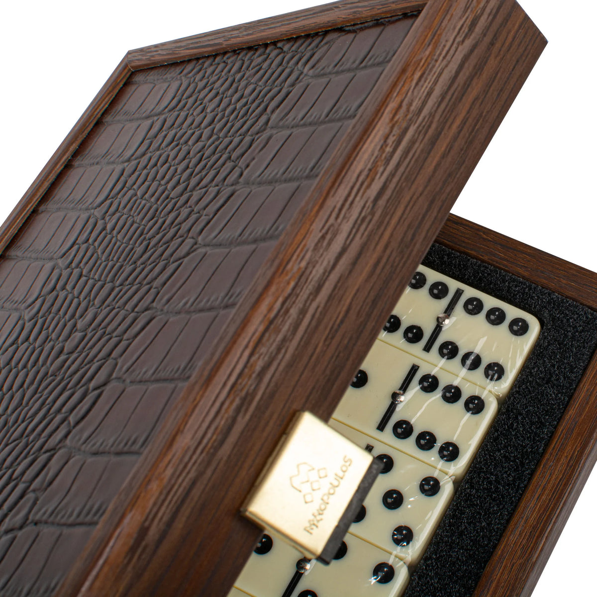 Luxury Manopoulos Domino Set Brown Crocodile Leather Wooden Case Gift