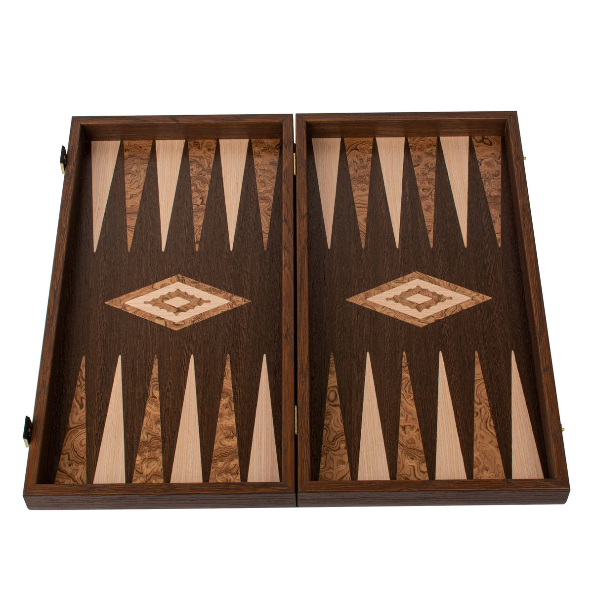 Compact Manopoulos Backgammon Set Wenge Walnut Burl Oak 30x17