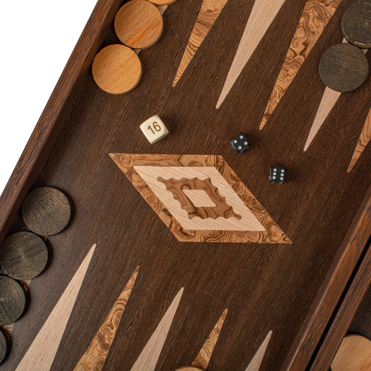 Compact Manopoulos Backgammon Set Wenge Walnut Burl Oak 30x17