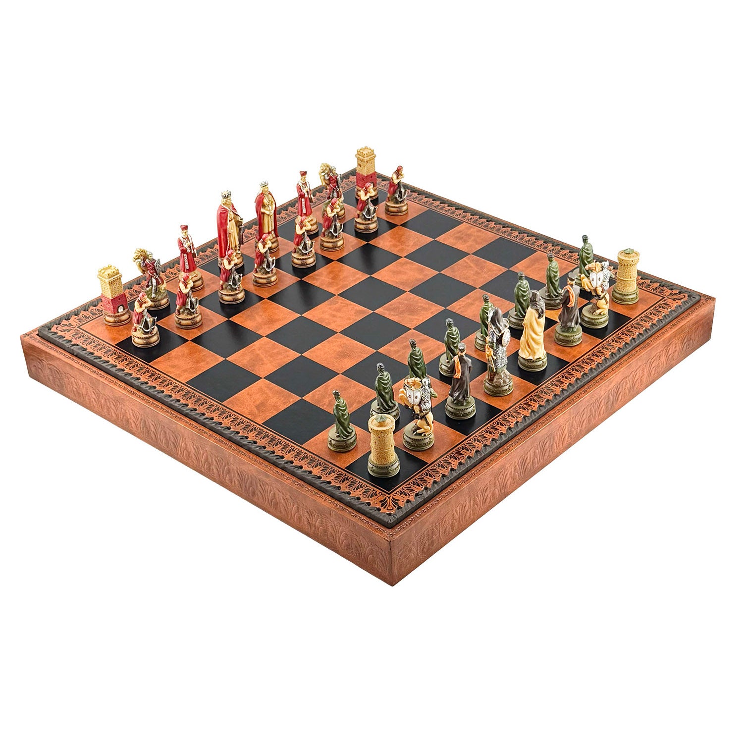 Luksusowy zestaw szachowy 3w1 Camelot Król Artur, ręcznie malowany, ekoskóra, 48 cm