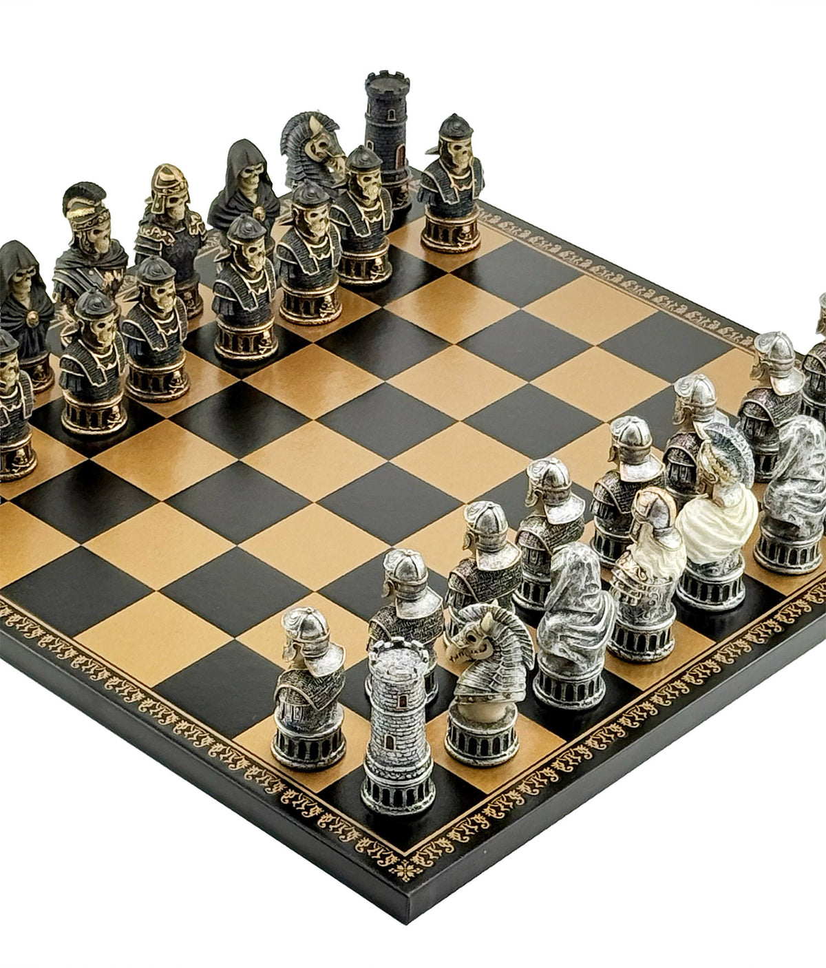 Luxuriöses Italfama Schachset – SKELETON BUSTS SET Handbemalte Figuren (8 cm) + Gold & Schwarz Kunstleder Schachbrett (40x40 cm) | Premium Made in Italy