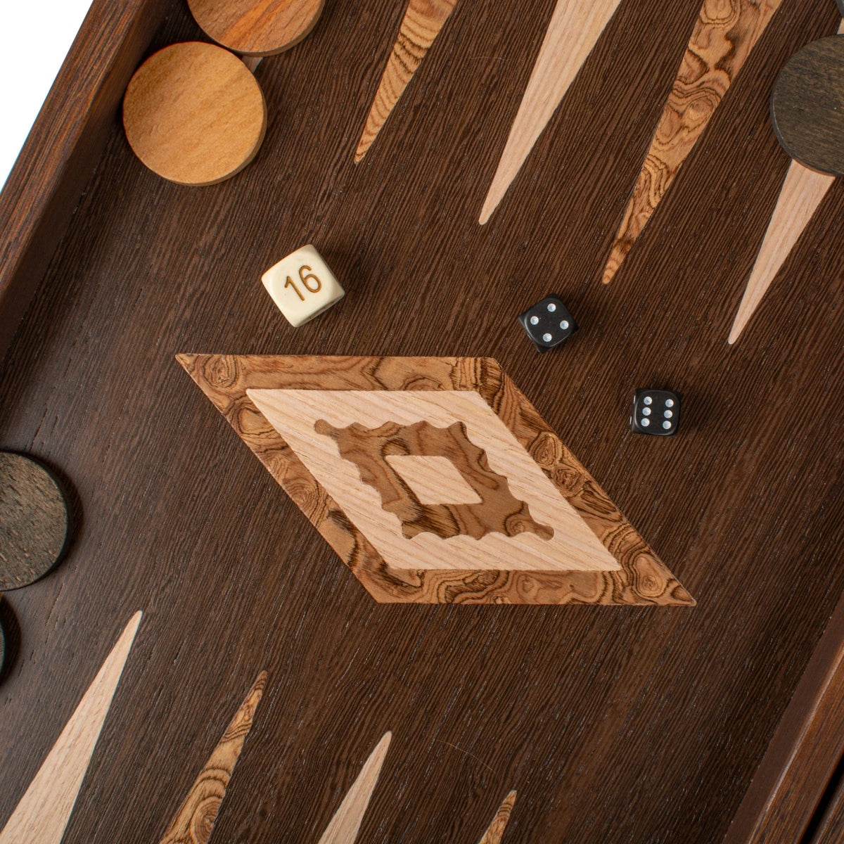 Compact Manopoulos Backgammon Set Wenge Walnut Burl Oak 30x17