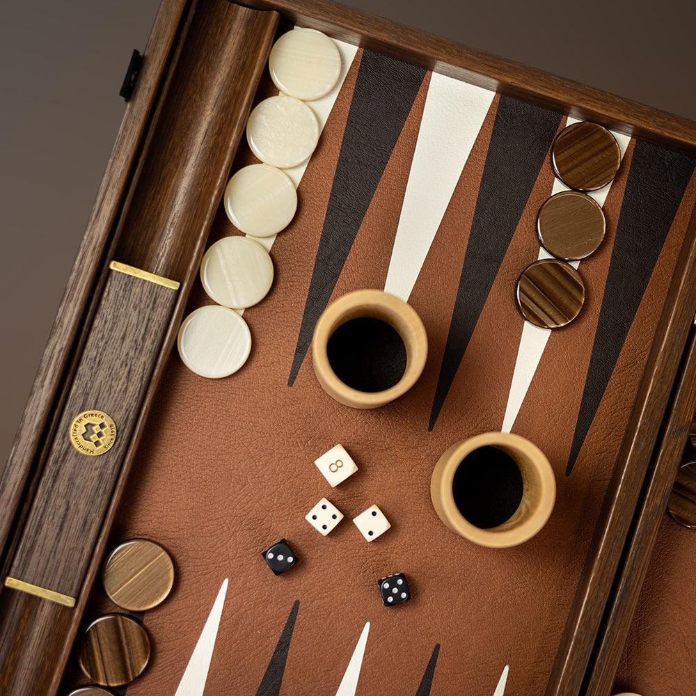 Manopoulos Leatherette Backgammon 30x20cm Walnut Maple Oak Marquetry Eco-Leather