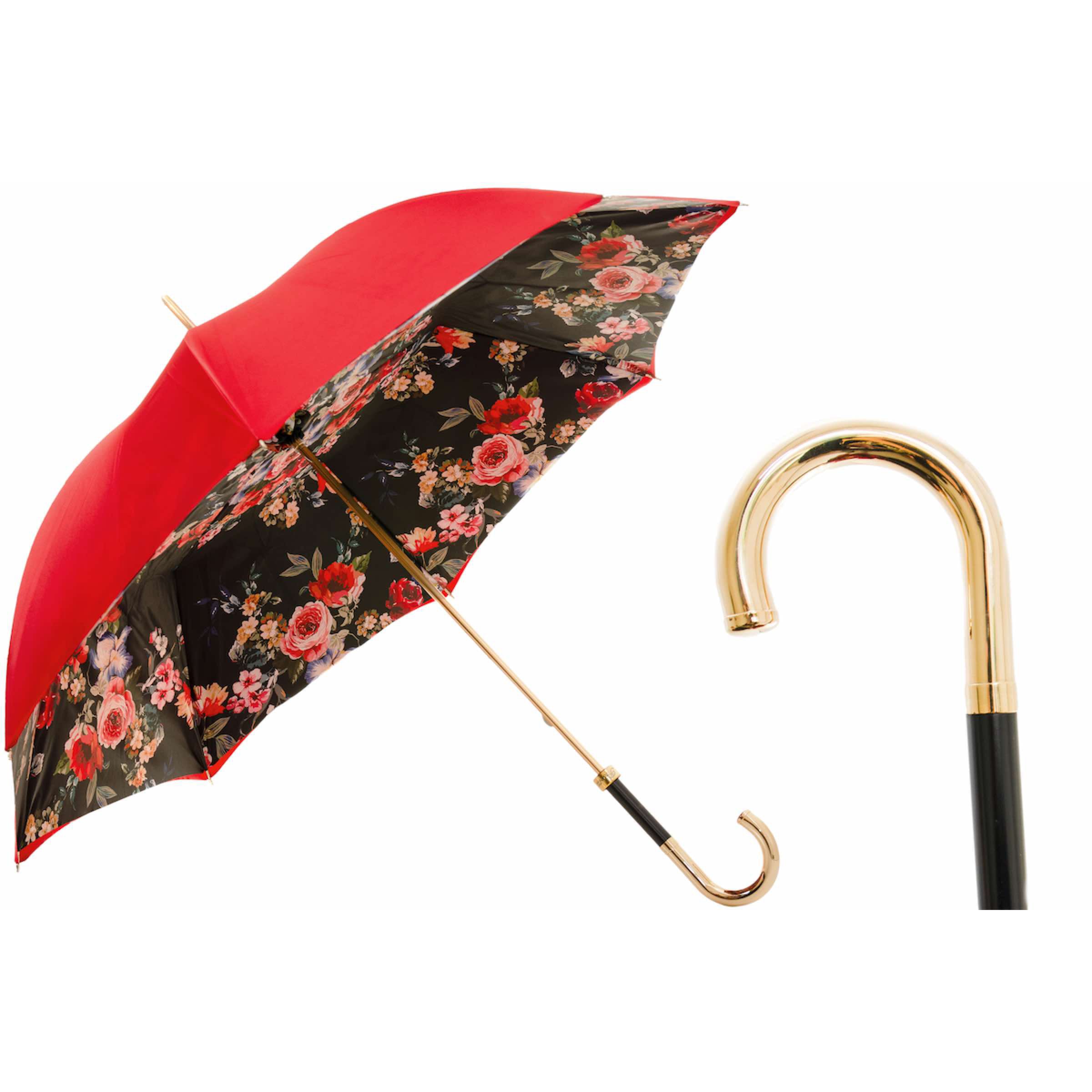 Parasol PASOTTI 93 cm, czerwone róże, wnętrze z motywem kwiatowym, podwójny uchwyt z mosiężnej tkaniny